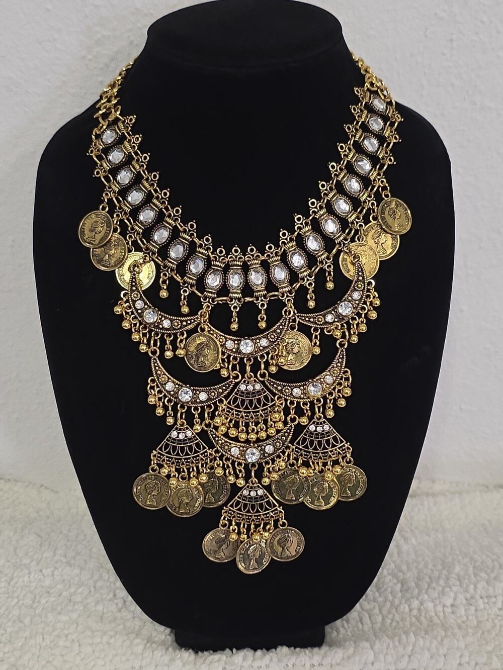 Kuchi Boho Gypsy Statement Bib Necklace Coin Dangles Rhinestones Gold Tone